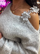 Pull Gris Bretelle  Fleurs