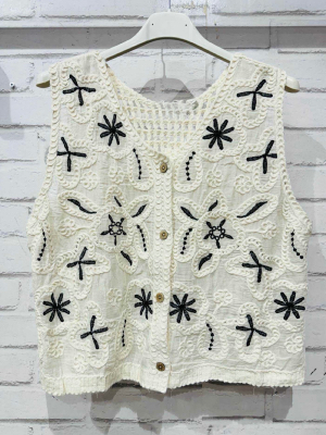 Gilet Broderies Noires Sans Manches