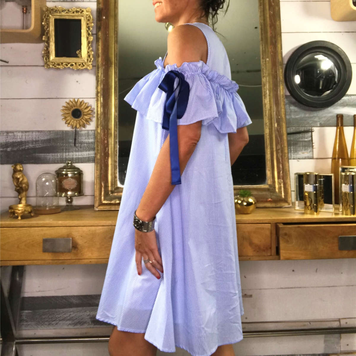 Robe Baby Doll Vichy épaules dénudées à large volant Le Shopping de Laly