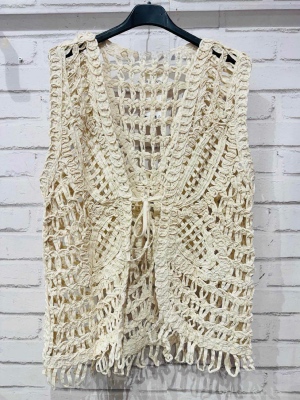 Gilet Bohème Beige Sans Manches