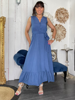 Robe Longue Bleue Volantée Louisa