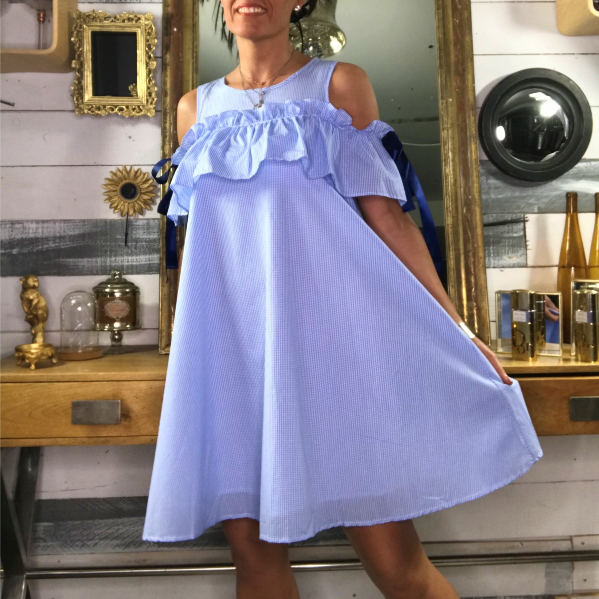 Robe Baby Doll Vichy épaules dénudées à large volant Le Shopping de Laly