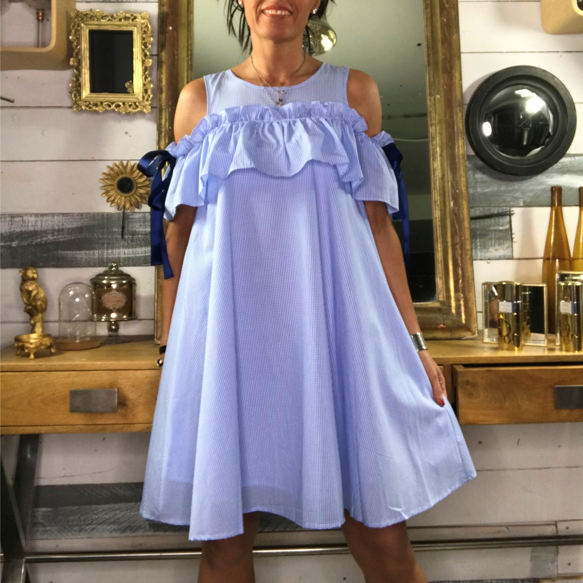 Robe Baby Doll Vichy épaules dénudées à large volant Le Shopping de Laly