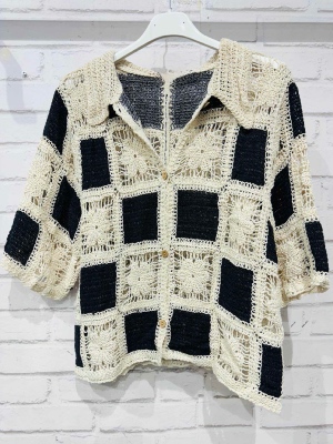 Haut Crochet Noir/Ficelle Manches Courtes